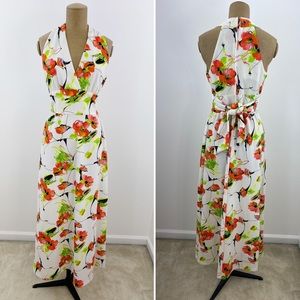 Vintage 60s White Pink Red Green Floral Neon Halter Sleeveless Maxi Dress